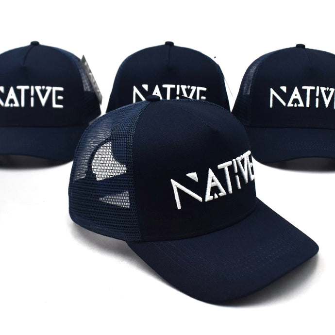 The Navy and white Native Mesh Trucker cap